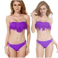 Komplet bikini bandeau z frędzlami strój dwuczęściowy kąpielowy fioletowy L