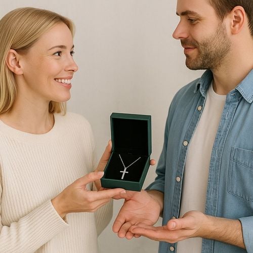 SREBRNY ŁAŃCUSZEK Z KRZYŻYKIEM POLEROWANA STAL CHIRURGICZNA + SZKATUŁKA na Arena.pl