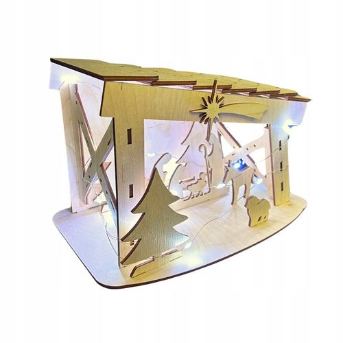 ŚWIĄTECZNA SZOPKA Z DREWNA BETLEJEM STAJENKA Z LAMPKAMI STOJĄCA OZDOBA 22CM na Arena.pl