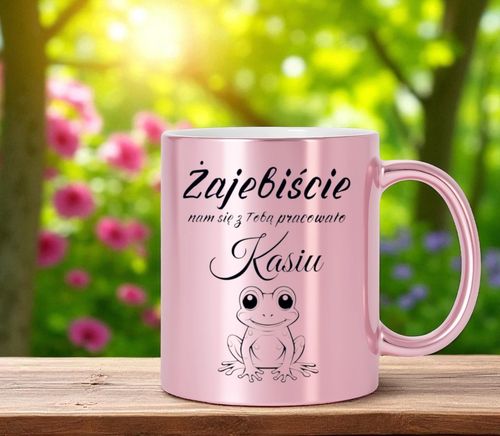 KUBEK RÓŻOWY Z TWOIM NADRUKIEM TEKSTEM GRAFIKĄ LOGO PREZENT REKLAMA na Arena.pl