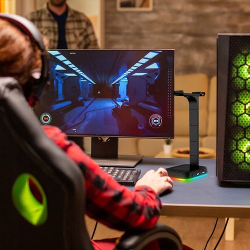 STOJAK STATYW UCHWYT NA SŁUCHAWKI GAMINGOWY PODOŚWIETLENIE RGB HUB + 2X USB na Arena.pl