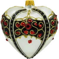 Bombka choinkowa szklana: Serce z bogatymi zdobieniami i rubinami: białe
