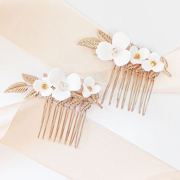 ZŁOTE ozdoby do włosów grzebyki do fryzury KWIATOWE białe złote BOHO zdjęcie 1