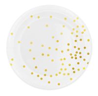 Talerzyki papierowe białe w złote kropki, 18 cm