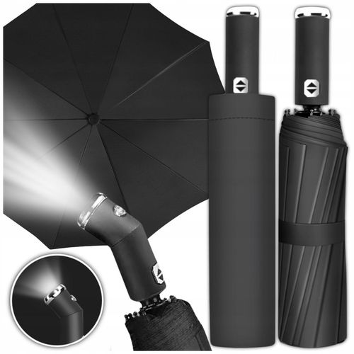 PARASOLKA AUTOMATYCZNA Z LATARKĄ LED PARASOL SKŁADANY PEŁEN AUTOMAT CZARNY na Arena.pl
