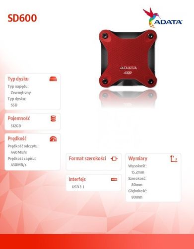 SSD External SD600 512G 2.5'' USB3.1 TLC 3D Czerwony na Arena.pl