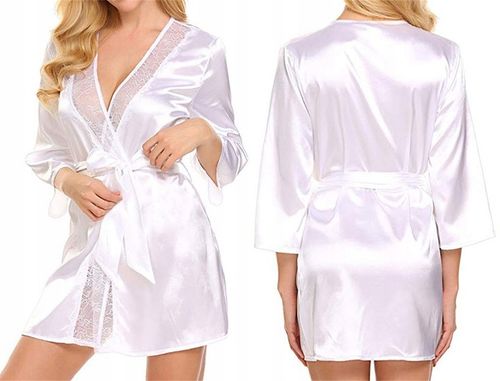 SATYNOWY SZLAFROK DAMSKI PODOMKA Z KORONKĄ ELEGANCKI PENIUAR STRINGI KOLORY na Arena.pl