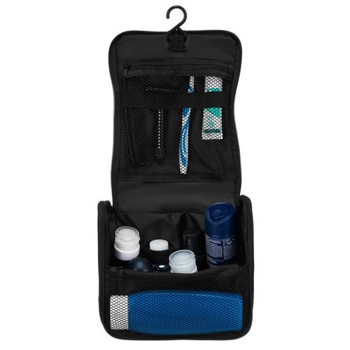 syntetyczna kosmetyczka podróżna w czarnym kolorze z haczykiem zamykana na Arena.pl