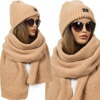 CIEPŁY KOMPLET CZAPKA + DUŻY SZALIK ZIMOWY szal prążkowany damski KOLORY