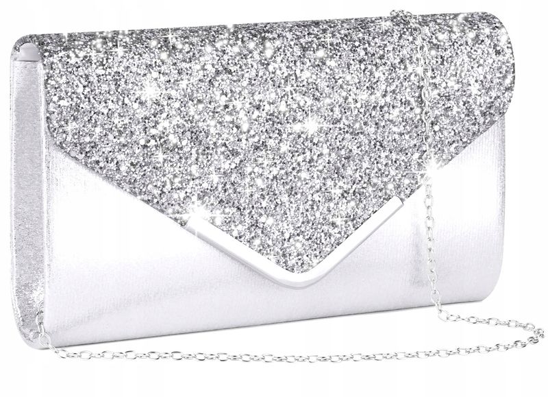 Srebrna Torebka Kopertówka Błyszcząca Wizytowa zdjęcie 3