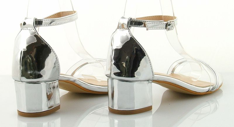 Sandały na słupku 4,5 cm. piętka pasek srebrne Rozmiar obuwia - 37 zdjęcie 6