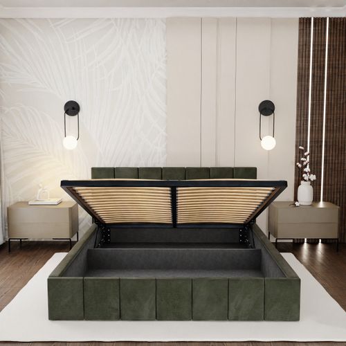 ŁÓŻKO TAPICEROWANE DO SYPIALNI 160x200 ŁÓŻKO PREMIUM Z POJEMNIKIEM KHAKI na Arena.pl