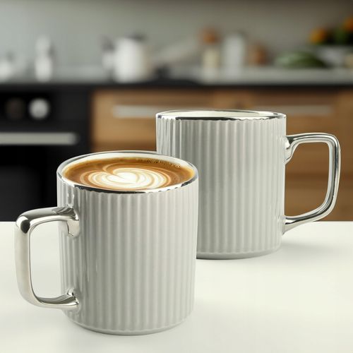 PORCELANOWY KUBEK NA KAWĘ HERBATĘ SZARY ZDOBIONY ZE SREBRNYM UCHEM 370ML na Arena.pl