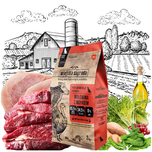 sucha karma dla psa wiejska zagroda wołowina indyk hipoalergiczna l 2kg na Arena.pl