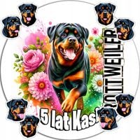 OPŁATEK NA TORT 20CM - PSY Rottweiler DEKORACJA URODZINOWA + IMIĘ 15CM 18CM
