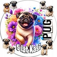 OPŁATEK NA TORT 20CM - PSY Mops Pug DEKORACJA URODZINOWA + IMIĘ 15CM 18CM