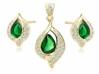 KLASYCZNY POZŁACANY SREBRNY KOMPLET ŁEZKI KROPLE ZIELONA I BIAŁE CYRKONIE