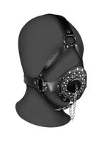 open mouth gag head harness with plug stopper   black