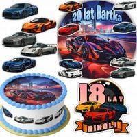 ZESTAW OPŁATEK NA TORT 20CM + 16 POSTACI - SUPER AUTA + IMIĘ 15CM 18CM
