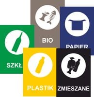 NAKLEJKI SEGREGACJA ŚMIECI 5 SZT NA ŚMIETNIK KOSZ WODOODPORNE A4 Zestaw