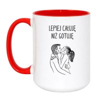 KUBEK "LEPIEJ CAŁUJĘ NIŻ GOTUJĘ" Wzór - Duży Biało-Czerwony 450 ml