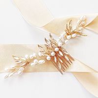 Grzebyk do włosów złoty z perełkami i listkami BOHO ślub fryzura