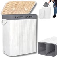 KOSZ NA PRANIE BIELIZNĘ UBRANIA POJEMNIK DWUKOMOROWY BAMBUSOWY 105 L BIAŁY