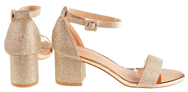 Sandały na obcasie słupku 6 cm. szampańskie brokatowe Rozmiar obuwia - 37 zdjęcie 5