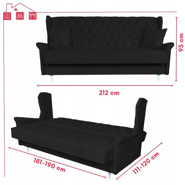 Sofa 3osobowa rozkładana z funkcją spania WELUR czarna GAJA Family Meble zdjęcie 12