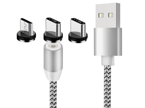 MAGNETYCZNY SREBRNY KABEL 3W1 ŁADOWAIE MICRO TYP- C USB LIGHTNING 1M na Arena.pl