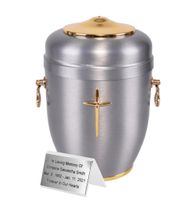 Piękna srebrna metalowa urna kremacyjna na prochy / Plakietka