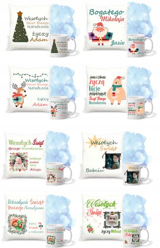 Zestaw PODUSZKA i KUBEK z nadrukiem ŚWIĄTECZNY PREZENT + IMIĘ DEDYKACJA na Arena.pl