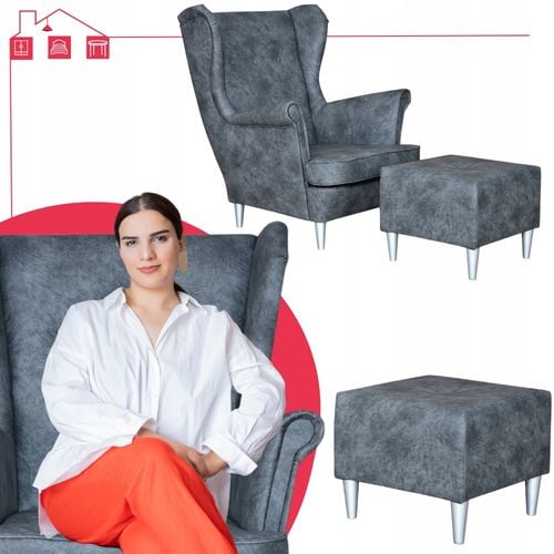 SZARY fotel uszak eko skóra skandynawski z podnóżkiem Ari Family Meble na Arena.pl