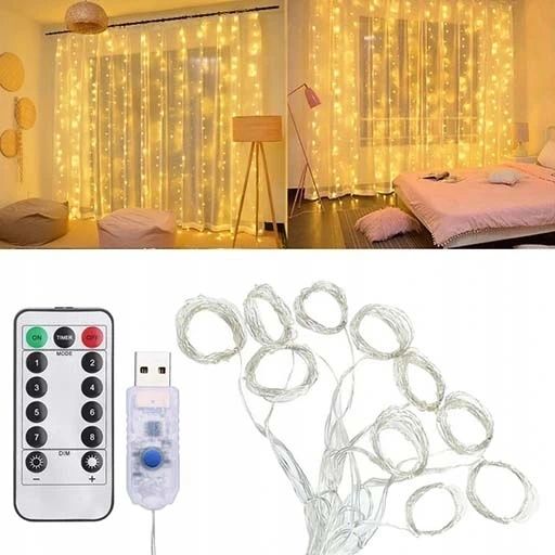 Kurtyna LED USB 5V 300LED 3x3m + pilot biała ciepła zdjęcie 2