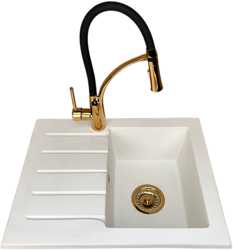 Zlewozmywak jednokomorowy z ociekaczem ARAGON biały z lewym ociekaczem + bateria złota NEXO na Arena.pl