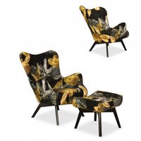 Fotel skandynawski Luna Print z podnóżkiem pufą Family Meble liście