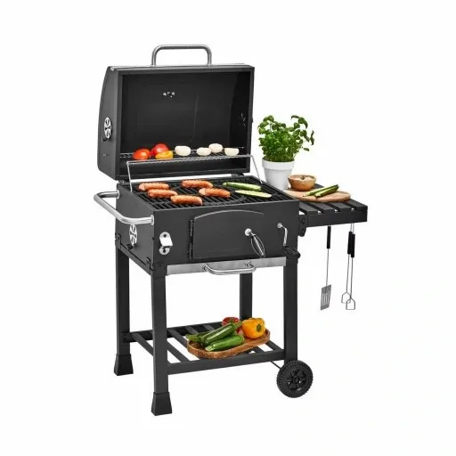 Grill Węglowy na Kółkach z Półką Pokrywą Ogrodowy Przenośny Żeliwny Ruszt zdjęcie 6