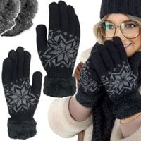 CIEPŁE RĘKAWICZKI damskie zimowe GRUBE WEŁNIANE z KOŻUSZKIEM ŚNIEŻYNKA