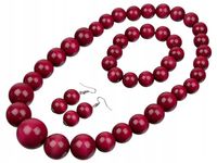 Komplet korale drewniane ludowe wiśniowe naszyjnik bransoletka kolczyki