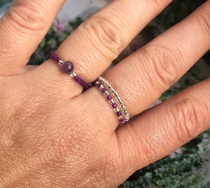 AMETYST PIERŚCIONKI Z KORALIKÓW ZESTAW 3 SZTUKI KORALIKI SREBRNE zdjęcie 11