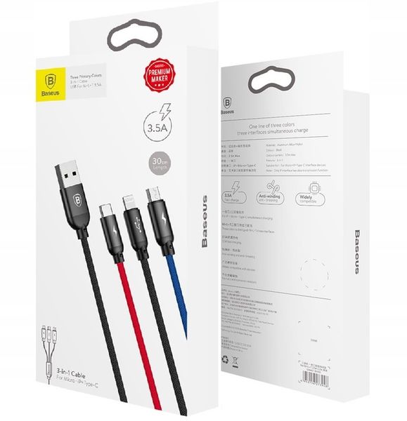 BASEUS MOCNY KABEL USB PRZEWÓD 3W1 DO IPHONE MICRO TYP-C USB-C 3.5A 30CM zdjęcie 11