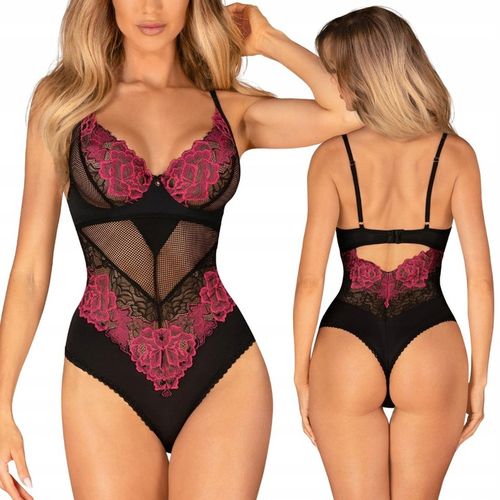 Rosenty body czarne z siateczki z fiszbinami i różowym haftem M/L Obsessive na Arena.pl