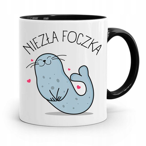 Kubek Czarny Śmieszny Zabawny Niezła Foczka Z Nadrukiem Ze Zdjęciem zdjęcie 1