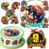 ZESTAW OPŁATEK NA TORT 20CM + 16 POSTACI - DINO DINOZAUR + IMIĘ 15CM 18CM
