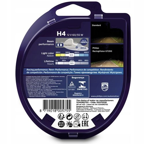 Philips żarówki samochodowe H4 12V 60/55W P43t-38 RacingVision GT200 +200% na Arena.pl