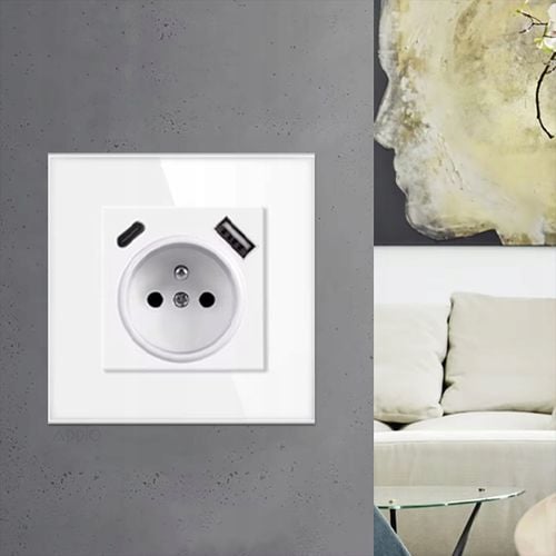 Gniazdko pojedyncze SZKLANE 230V KONTAKT z BOLCEM uziemieniem BIAŁE + USB C na Arena.pl