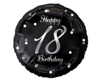 Balon foliowy 18 urodziny Happy Birthday czarny srebrny napis, 45 cm
