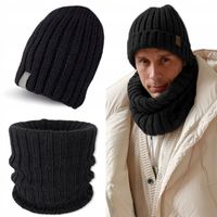 WEŁNIANY MĘSKI KOMPLET CZAPKA + KOMIN szal GRUBY ciepły zimowy PREMIUM
