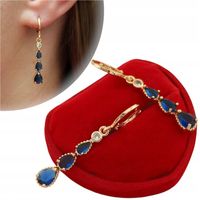 Złote kolczyki wiszące granatowe szafirowe łezki z cyrkonią eleganckie