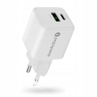 Ładowarka sieciowa everActive GaN z gniazdem USB QC3.0 oraz USB-C PD 20W